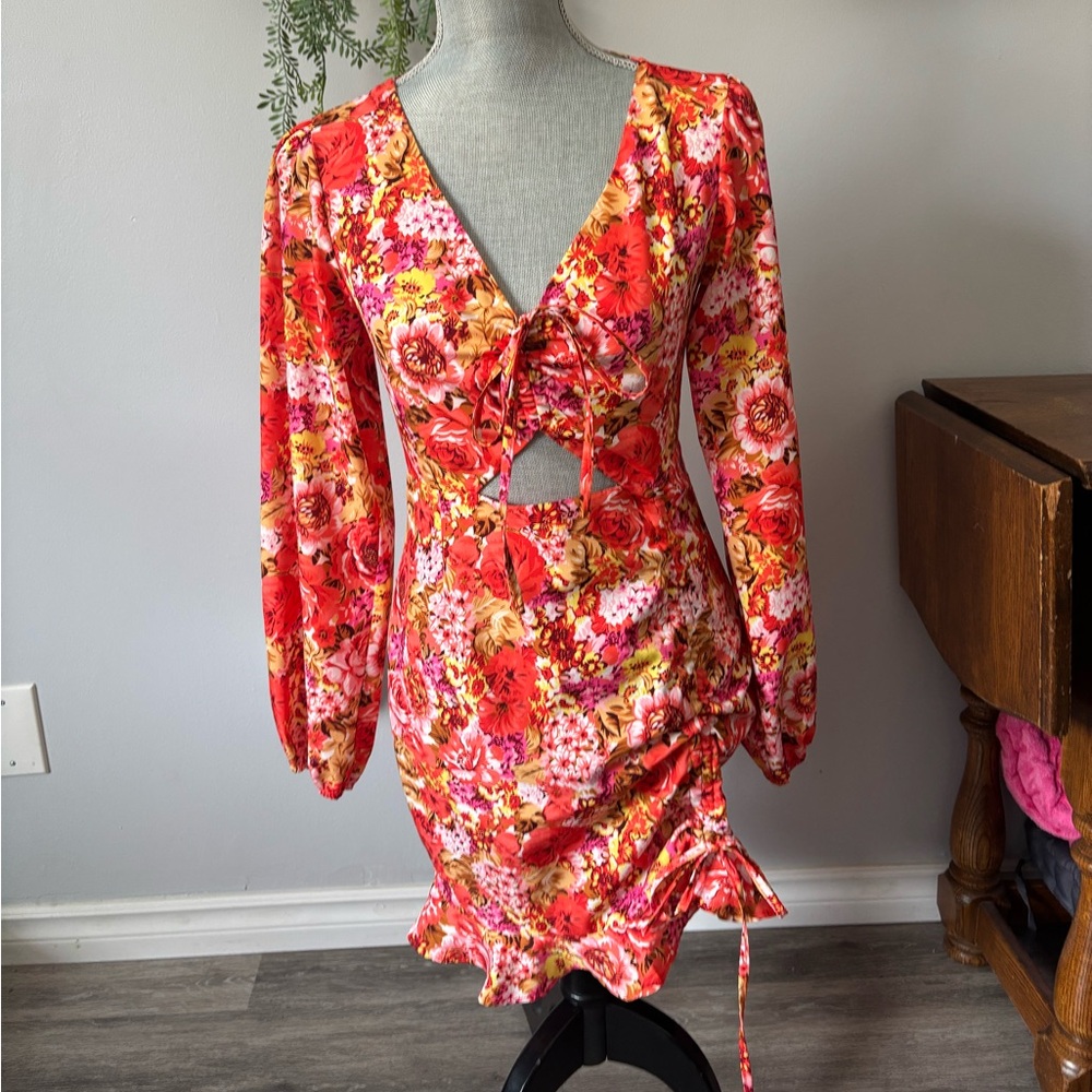 SHEIN Red Floral Tie-Front Long Sleeve Cutout Mini Dress